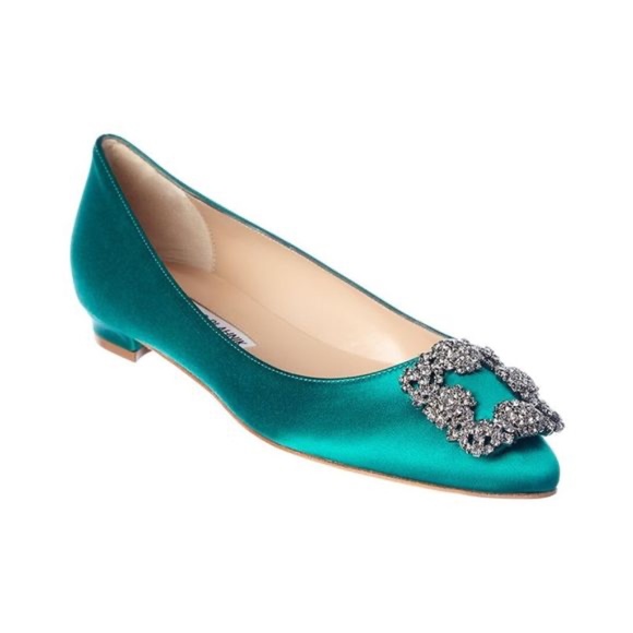 Manolo Blahnik Hangisi Green Satin Flat - Picture 1 of 7